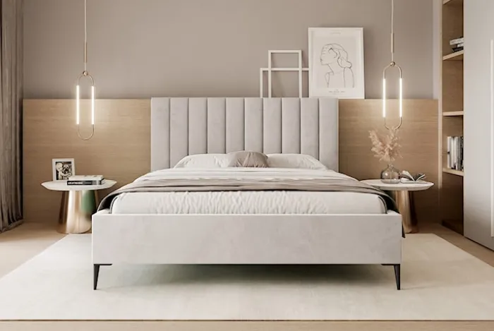 Łóżko tapicerowane 160x200 cm Veloro z pojemnikiem beżowe welur stelaż metalowy na wysokich nóżkach