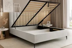 Łóżko tapicerowane 160x200 cm Veloro z pojemnikiem szarobeżowe welur stelaż metalowy na wysokich nóżkach