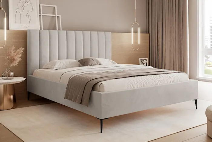 Łóżko tapicerowane 160x200 cm Veloro z pojemnikiem szarobeżowe welur stelaż metalowy na wysokich nóżkach