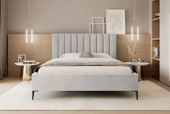 Łóżko tapicerowane 160x200 cm Veloro z pojemnikiem szarobeżowe welur stelaż metalowy na wysokich nóżkach