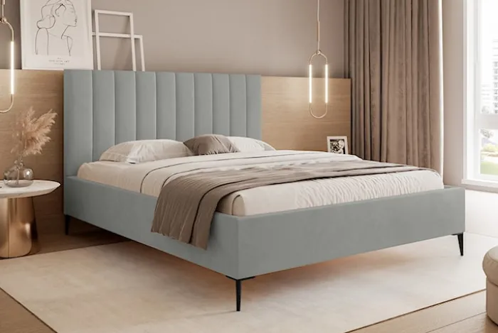Łóżko tapicerowane 180x200 cm Veloro z pojemnikiem jasnoszare welur stelaż metalowy na wysokich nóżkach