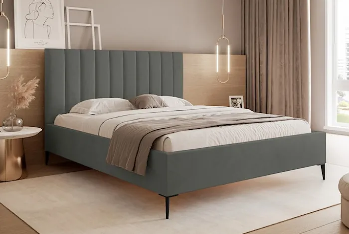 Łóżko tapicerowane 180x200 cm Veloro z pojemnikiem ciemnoszare welur stelaż metalowy na wysokich nóżkach