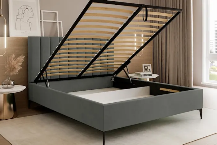 Łóżko tapicerowane 180x200 cm Veloro z pojemnikiem ciemnoszare welur stelaż metalowy na wysokich nóżkach