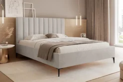 Łóżko tapicerowane 180x200 cm Veloro z pojemnikiem szarobeżowe welur stelaż metalowy na wysokich nóżkach