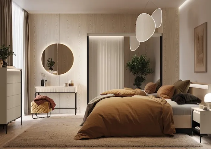 Łóżko Trend 180x200 cm ryflowane z pojemnikiem i oświetleniem beż piaskowy / czarny