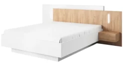 Łóżko ze stelażem Fareers 160x200 cm ze stolikami nocnymi i oświetleniem białe / dąb craft złoty