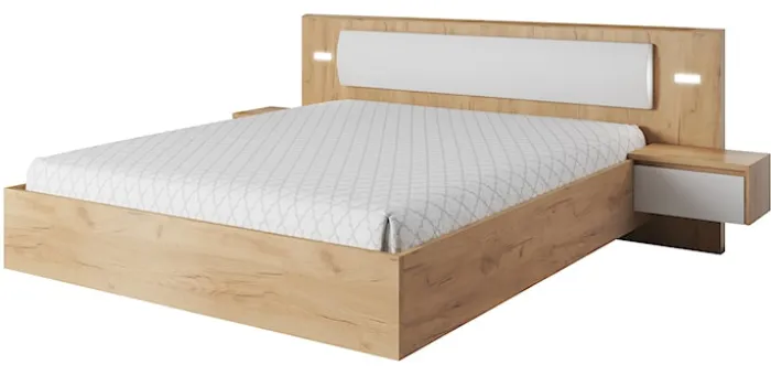 Łóżko ze stelażem Grejs 160x200 cm ze stolikami nocnymi i oświetleniem dąb craft złoty / białe