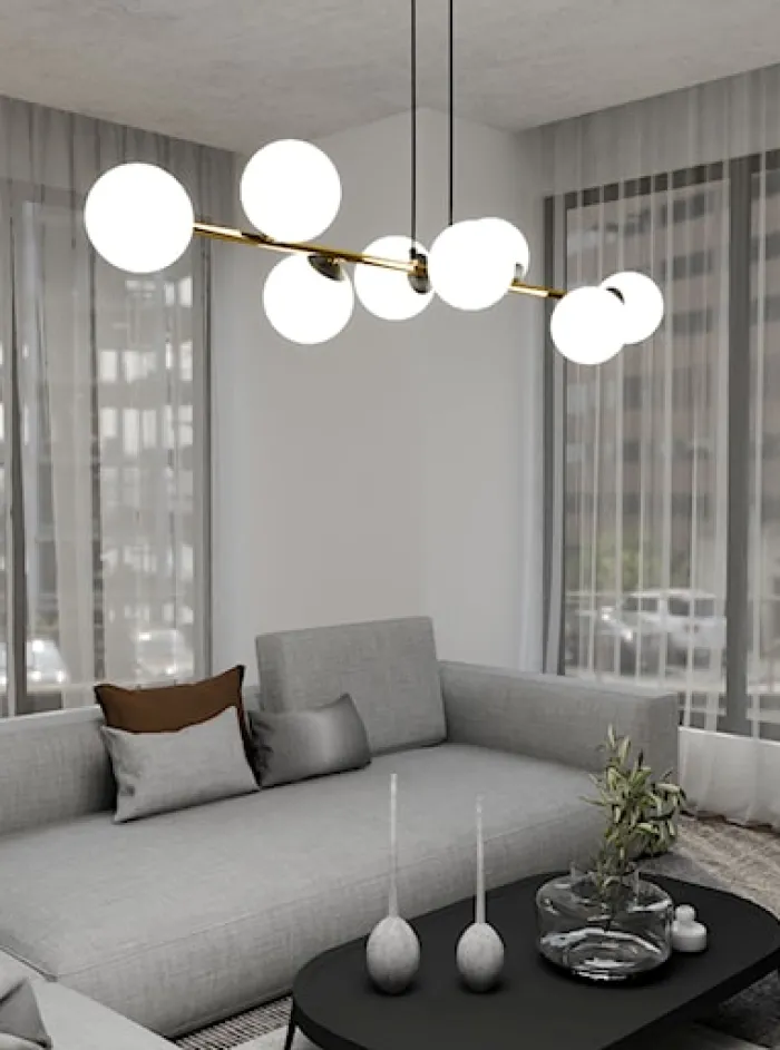 Lampa wisząca Bestalles czarno-złota z białymi kloszami x8