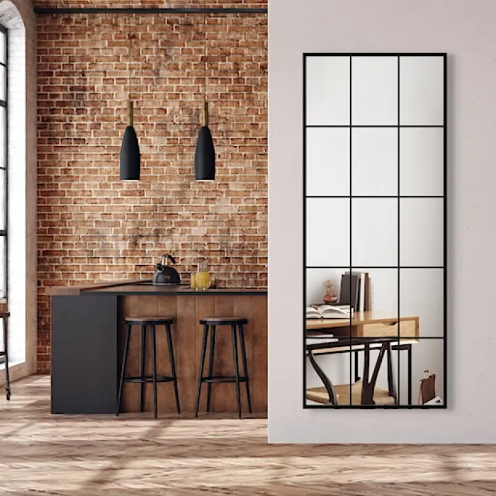 Lustro ścienne Villary 150x60 cm ze szprosami małe kwatery czarne