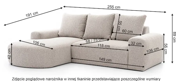 Narożnik modułowy Castellina L-kształtny 255 cm mniejszy grafitowy w tkaninie boucle lewostronny