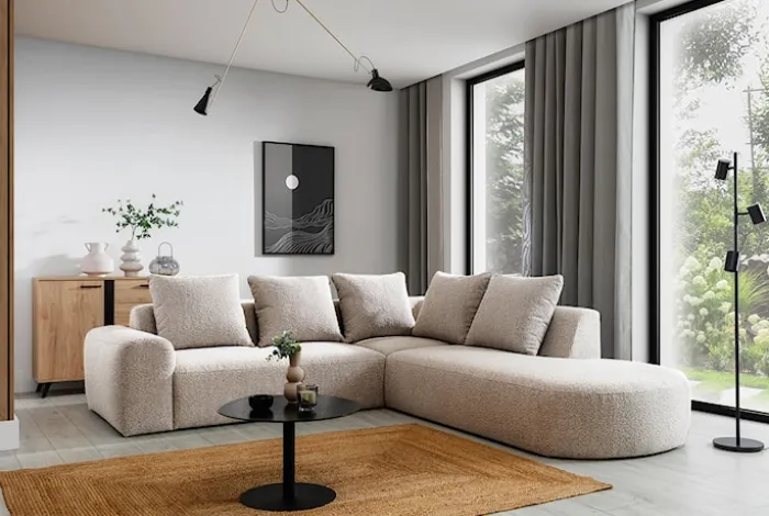 Narożnik modułowy Castellina L-kształtny 255 cm większy beżowy w tkaninie boucle prawostronny