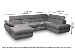 Narożnik z funkcją spania Ararip 341 cm U-kształtny z regulowanymi zagłówkami i pojemnikiem grafitowy welur hydrofobowy prawostronny