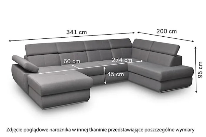Narożnik z funkcją spania Ararip 341 cm U-kształtny z regulowanymi zagłówkami i pojemnikiem grafitowy welur hydrofobowy prawostronny