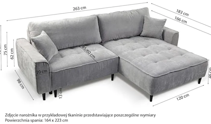 Narożnik z funkcją spania Blues L-kształtny prawostronny z pojemnikiem beżowy sztruks