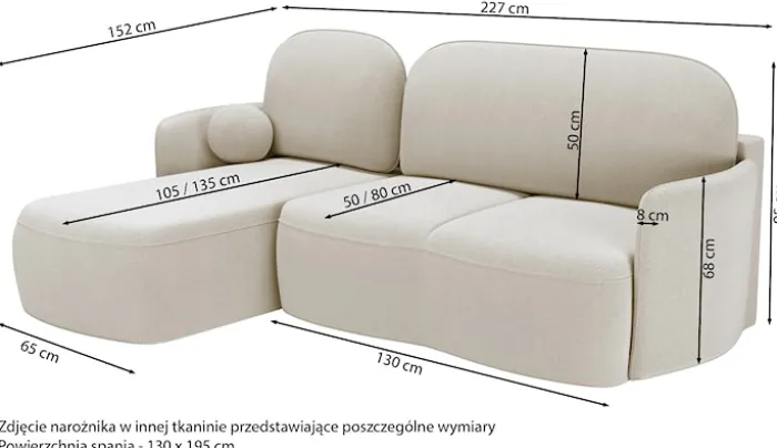 Narożnik z funkcją spania Blummi L-kształtny uniwersalny z pojemnikiem jasnoszary szenil hydrofobowy