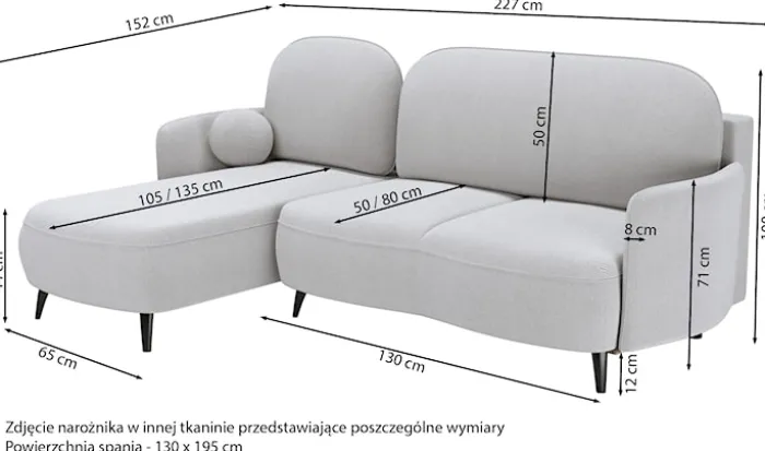 Narożnik z funkcją spania Blummi L-kształtny uniwersalny z pojemnikiem na wysokich nóżkach szarobeżowy szenil hydrofobowy
