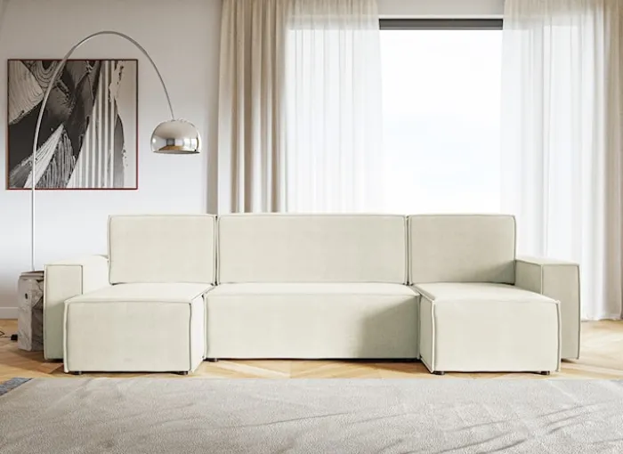 Narożnik z funkcją spania Copertino U-kształtny z pojemnikiem uniwersalny kremowy welur hydrofobowy