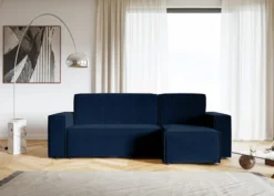 Narożnik z funkcją spania Copertino L-kształtny z pojemnikiem uniwersalny granatowy welur hydrofobowy