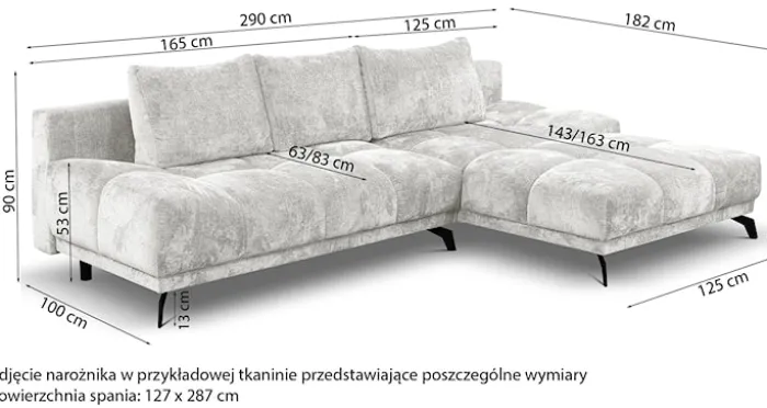 Narożnik z funkcją spania Felipe L-kształtny prawostronny z pojemnikiem biały szenil hydrofobowy