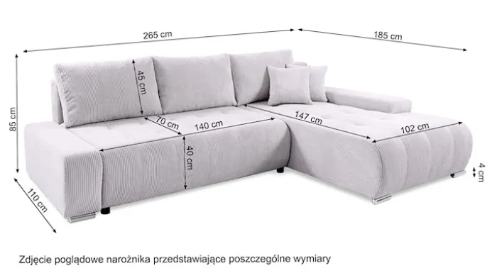 Narożnik z funkcją spania Magliano L-kształtny z pojemnikiem miedziany sztruks prawostronny