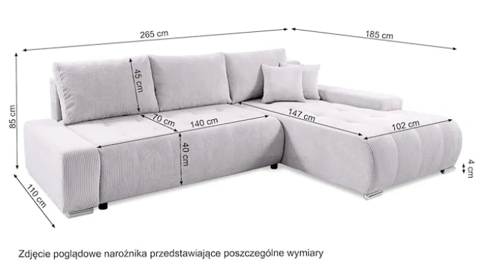 Narożnik z funkcją spania Magliano L-kształtny lewostronny z pojemnikiem jasnobeżowy welur