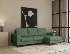 Narożnik z funkcją spania Mokpeo L-kształtny z dwoma pojemnikami na czarnych nóżkach szałwiowy szenil prawostronny