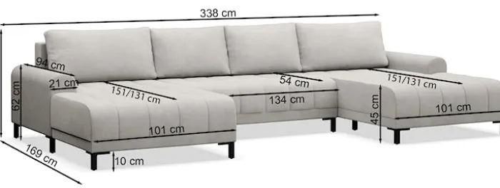 Narożnik z funkcją spania Motilla U-kształtny uniwersalny z pojemnikiem beżowy welur hydrofobowy