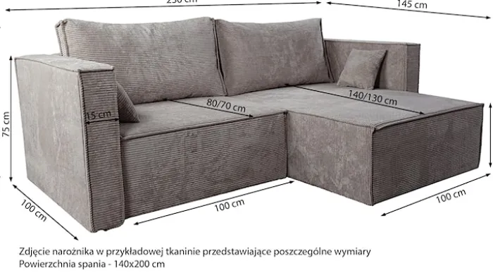 Narożnik z funkcją spania Ontaro L-kształtny uniwersalny z pojemnikiem ciemnoszary sztruks