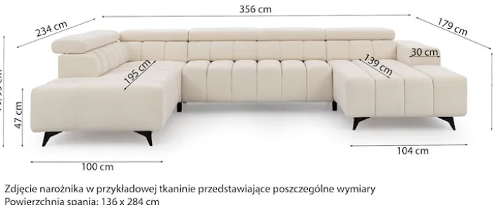 Narożnik z funkcją spania Ragussino U-kształtny z regulowanymi zagłówkami i dwoma pojemnikami kremowy szenil lewostronny