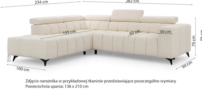 Narożnik z funkcją spania Ragussino L-kształtny z boczkiem i regulowanymi zagłówkami jasnobeżowy szenil prawostronny