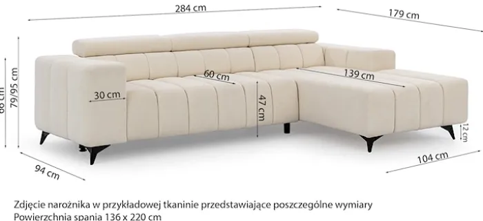 Narożnik z funkcją spania Ragussino L-kształtny z regulowanymi zagłówkami i pojemnikiem kremowy szenil lewostronny