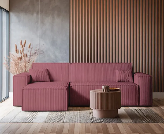 Narożnik z funkcją spania Scarlo L-kształtny z pojemnikiem uniwersalny ciemnoróżowy sztruks