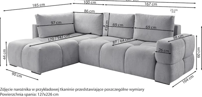 Narożnik z funkcją spania Taremi L-kształtny uniwersalny z pojemnikiem ciemnoszary szenil hydrofobowy