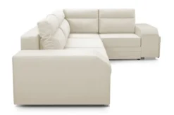 Narożnik z funkcją spania Umill L-kształtny z pojemnikami z barkiem i pufą kremowy welur hydrofobowy prawostronny