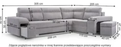 Narożnik z funkcją spania Umill L-kształtny z pojemnikami z barkiem i pufą szary welur hydrofobowy lewostronny