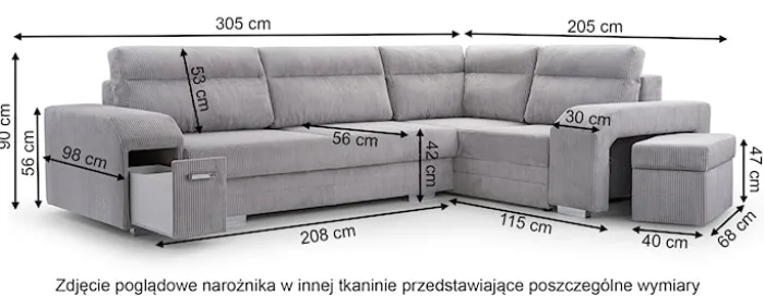 Narożnik z funkcją spania Umill L-kształtny z pojemnikami z barkiem i pufą szary welur hydrofobowy lewostronny