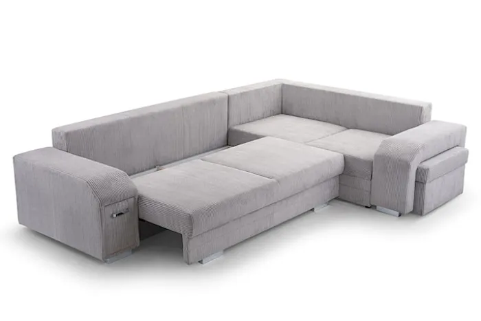 Narożnik z funkcją spania Umill L-kształtny z pojemnikami z barkiem i pufą szary sztruks prawostronny