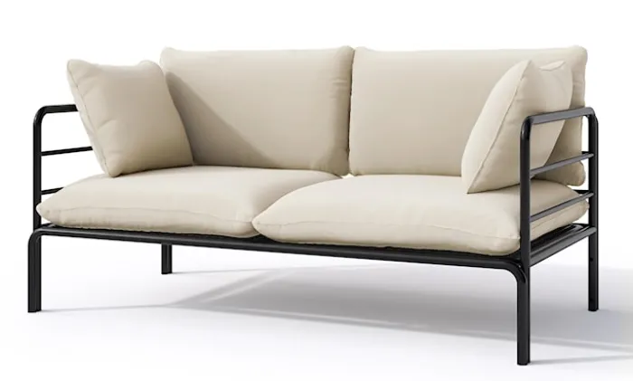 Sofa ogrodowa dwuosobowa Worcully w tkaninie hydrofobowej beżowa/ czarny stelaż
