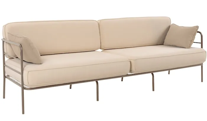 Sofa ogrodowa trzyosobowa Preggel w tkaninie hydrofobowej beżowa/ beżowy stelaż