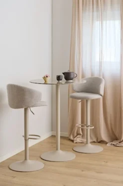 Stolik barowy Roshly średnica 80 cm trawertyn ceramiczny blat z metalową podstawą