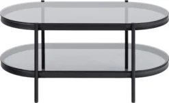 Stolik kawowy Aykal owalny z półką i szklanym blatem na metalowej podstawie 95x50 cm