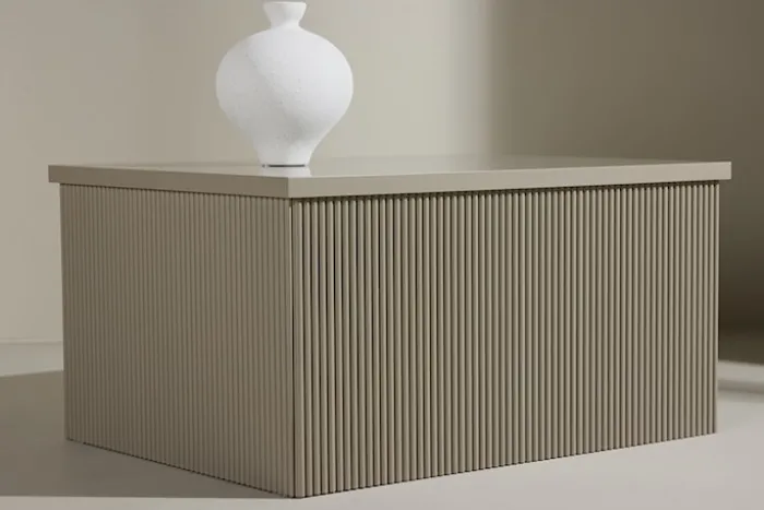 Stolik kawowy Lenox 80x40 cm beż piaskowy z ryflowaną podstawą
