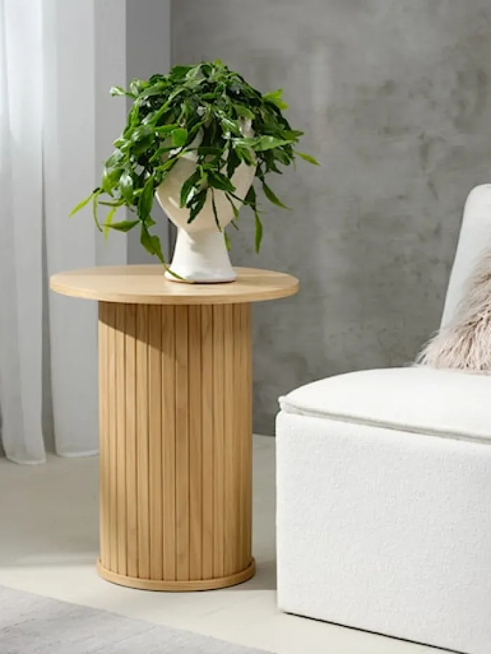 Stolik kawowy okrągły Gativel 50 cm lamele dąb naturalny