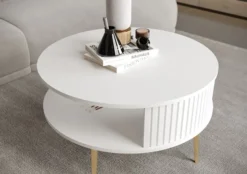 Stolik kawowy Piviano okrągły 76 cm biały ze złotymi nóżkami lamele