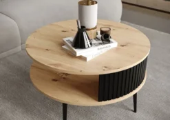 Stolik kawowy Piviano okrągły 76 cm Dąb artisan z ryflowanym czarnym bokiem