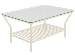 Stolik kawowy Preggel 122x62 cm szklany blat/ kremowy stelaż