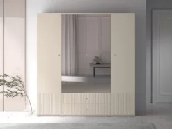 Szafa czterodrzwiowa Caletto 200 cm z dwiema szufladami i lustrem ozdobne lamele beżowa