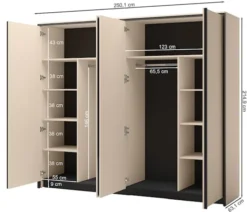 Szafa czterodrzwiowa Enna z lustrem na froncie i oświetleniem LED 250 cm beż piaskowy/czarna