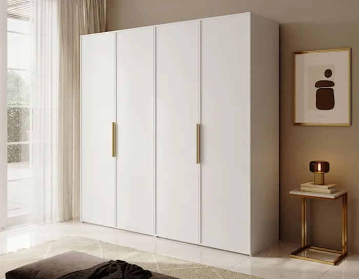 Szafa czterodrzwiowa Frame z dwoma drążkami i półkami 200 cm Biała