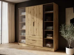 Szafa czterodrzwiowa Kelly z witrynami i dwiema szufladami 206 cm dąb artisan